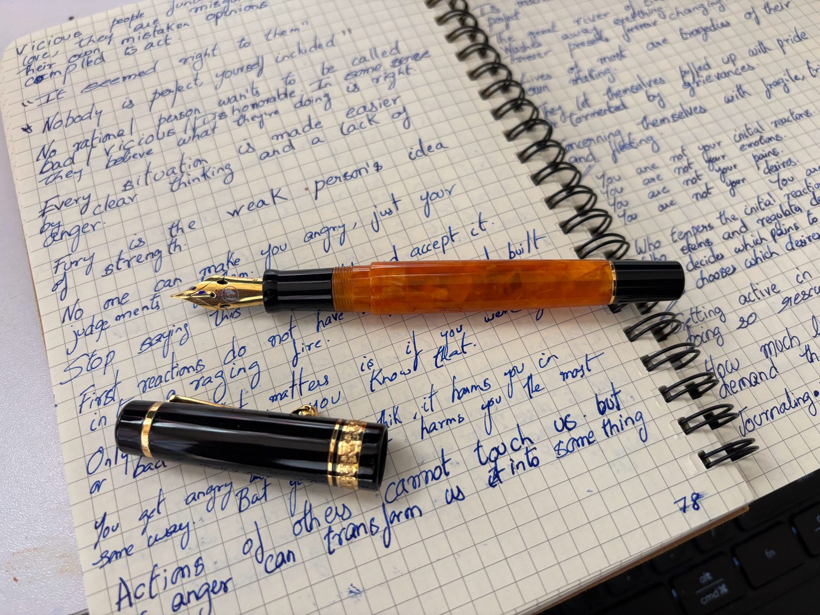 An amber marbled fountain pen with a gold nib resting on a grid notebook densely filled with handwritten Stoic notes.
