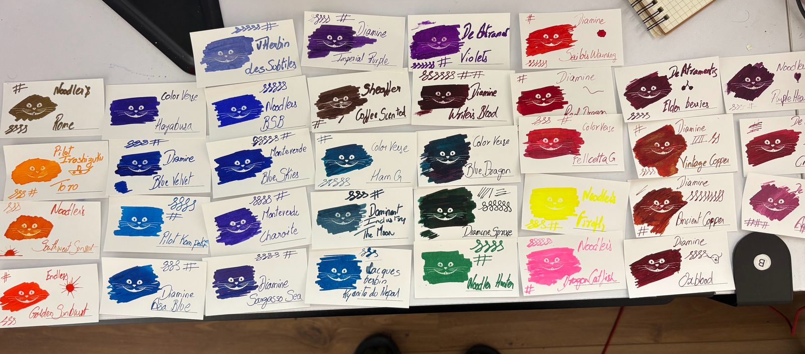 Dozens of handwritten ink swatch cards laid out in a grid, each labeled with the ink name and a small face drawn in that ink.