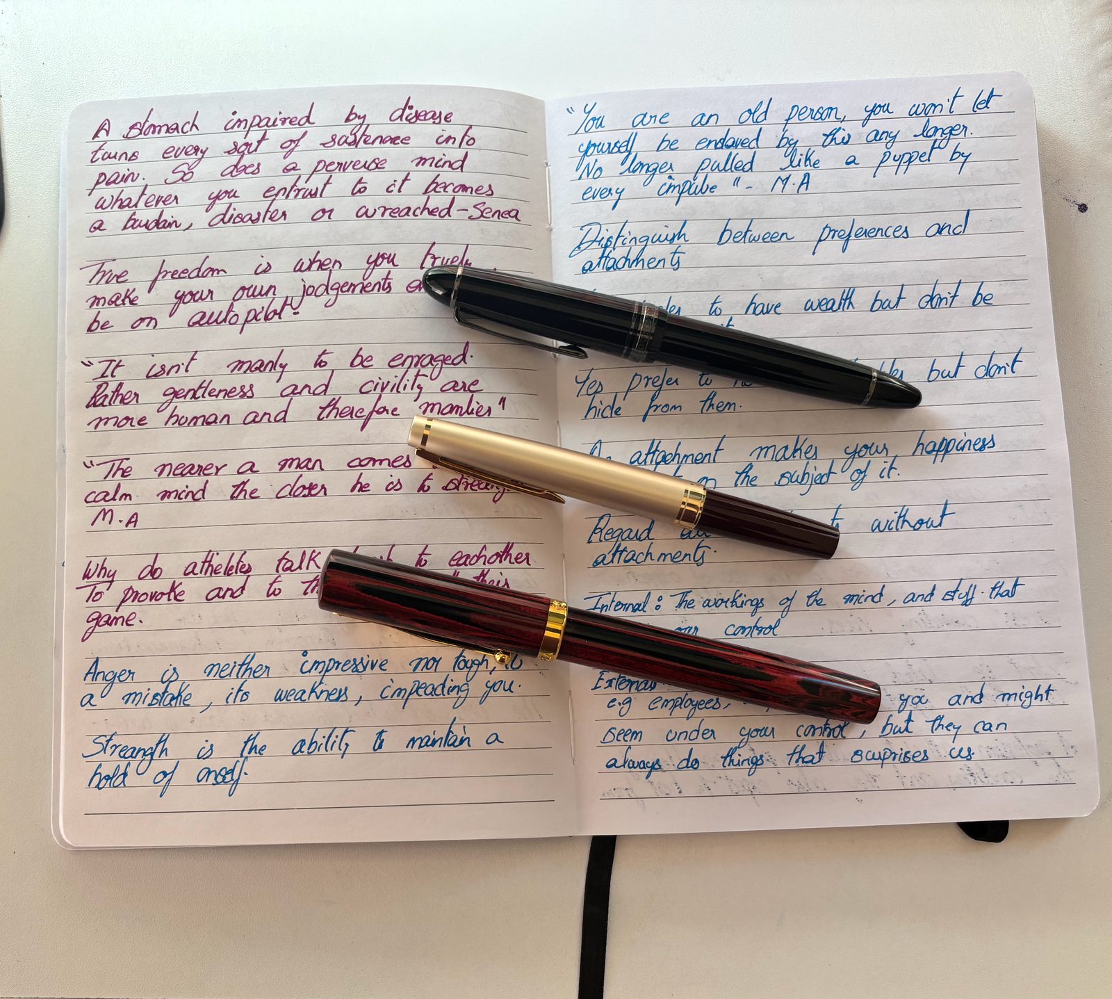 An open journal spread covered in handwritten Stoic notes in blue and red ink, with three fountain pens laid across the pages.