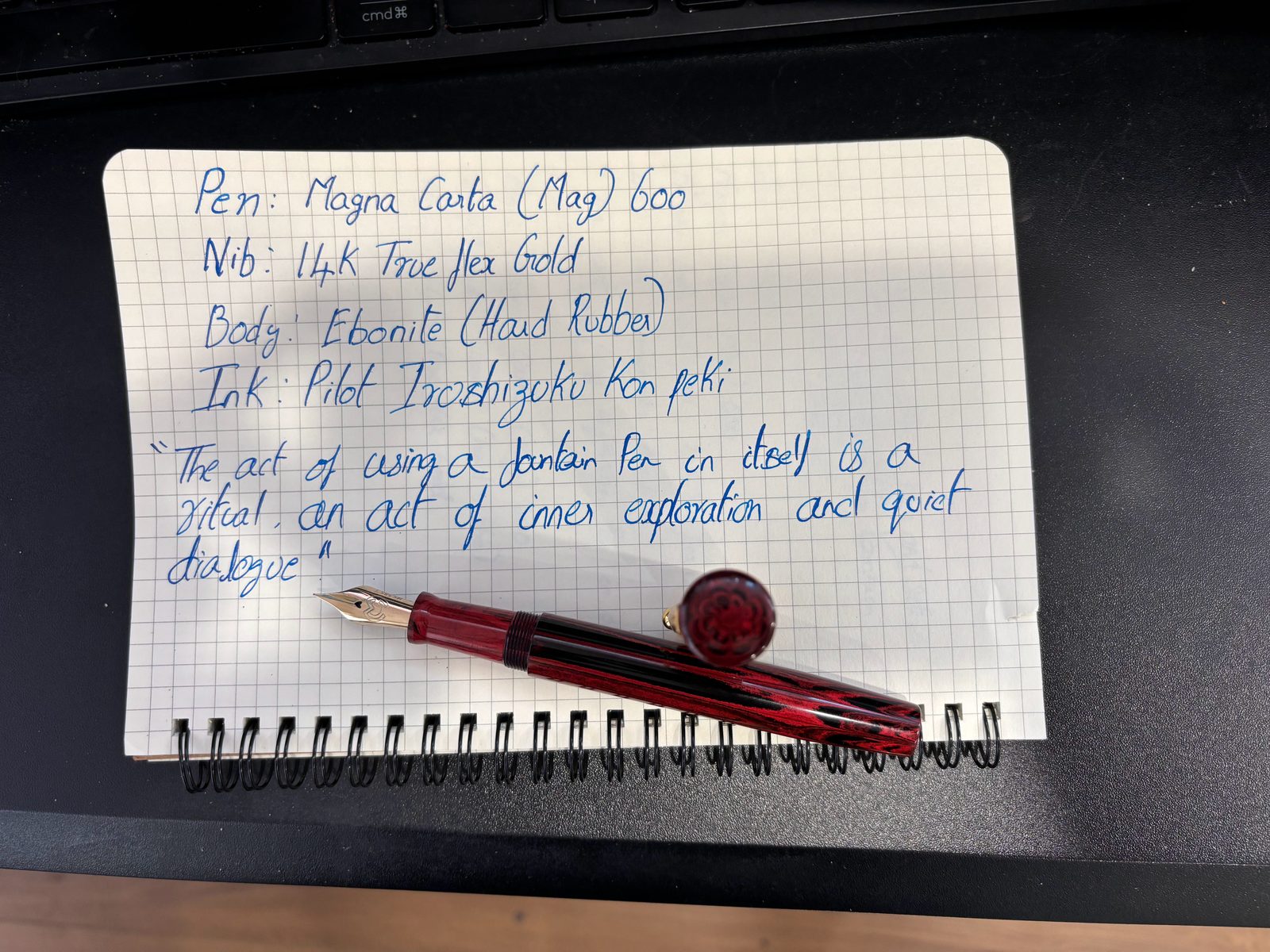 The Magna Carta 600 pen on a notebook beside a handwritten spec card listing pen, nib, body, and ink.